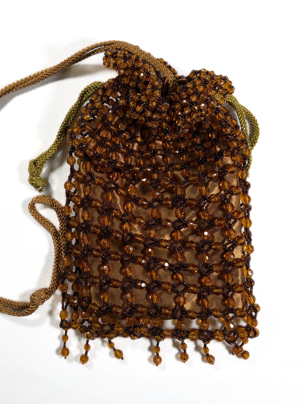 VTG Y2K Amber Beaded Net Drawstring Pouch Evening Bag Brown Satin Boho Disco